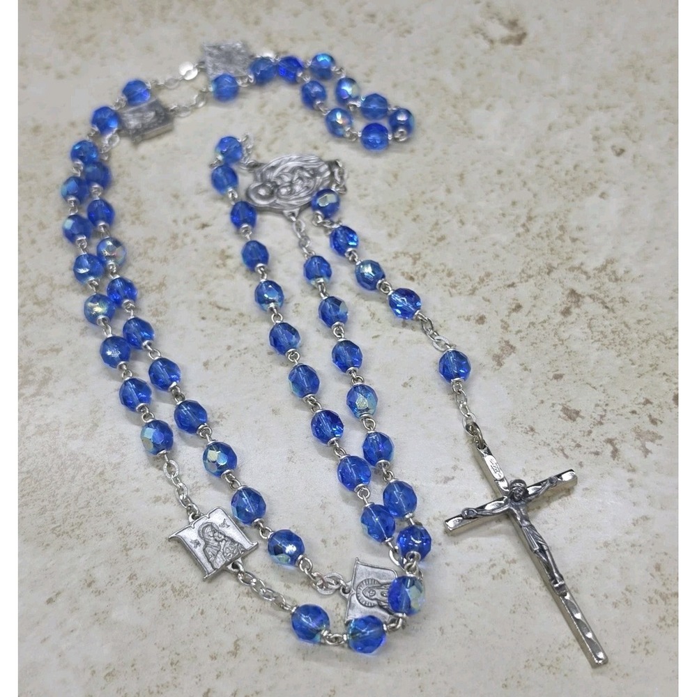 Vintage OUR LADY OF THE SNOWS Rosary Faceted Blue Glass AB Beads Italy